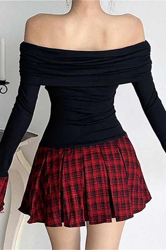 Off-the-shoulder Color Block Plaid Cuffed Pom-pom Mini Dress - Image 3