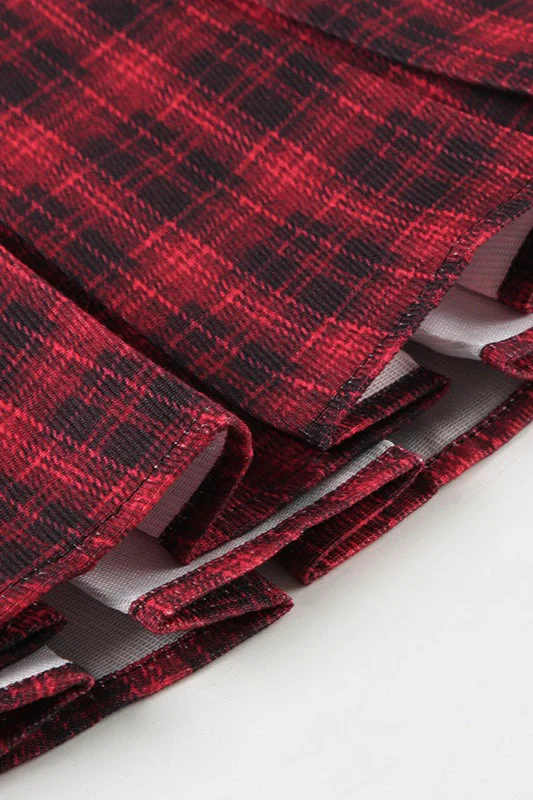 Off-the-shoulder Color Block Plaid Cuffed Pom-pom Mini Dress - Image 4