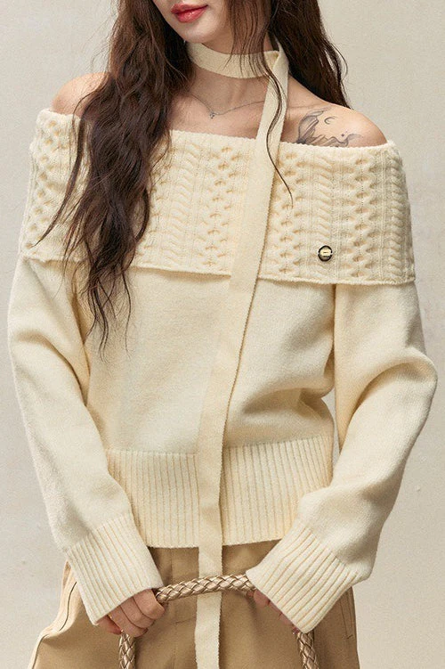 Off-the-shoulder Fitted Cable Knit Blouse - Image 3