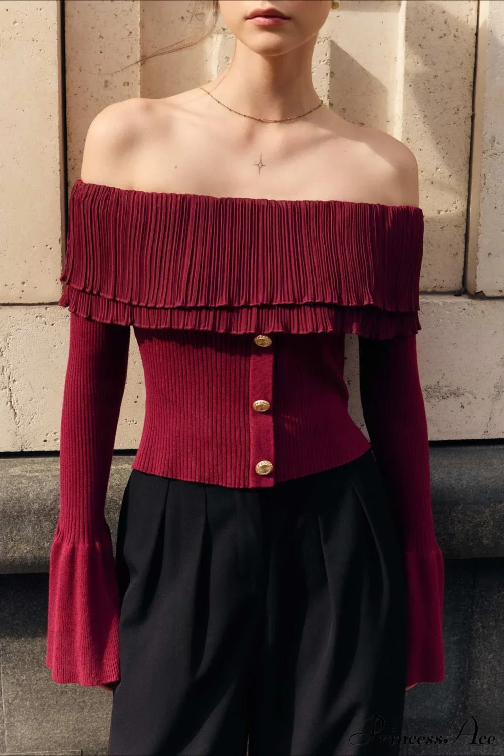 Off-the-Shoulder French Button-Panel Knit Sweater - Image 3