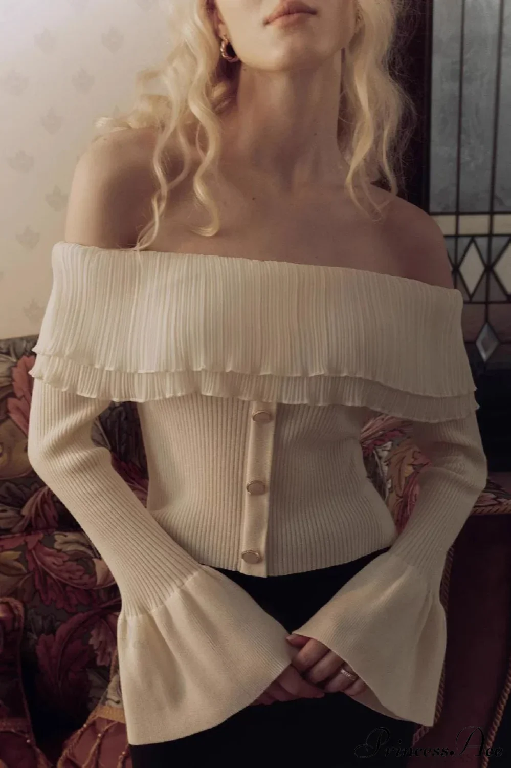 Off-the-Shoulder French Button-Panel Knit Sweater - Image 5