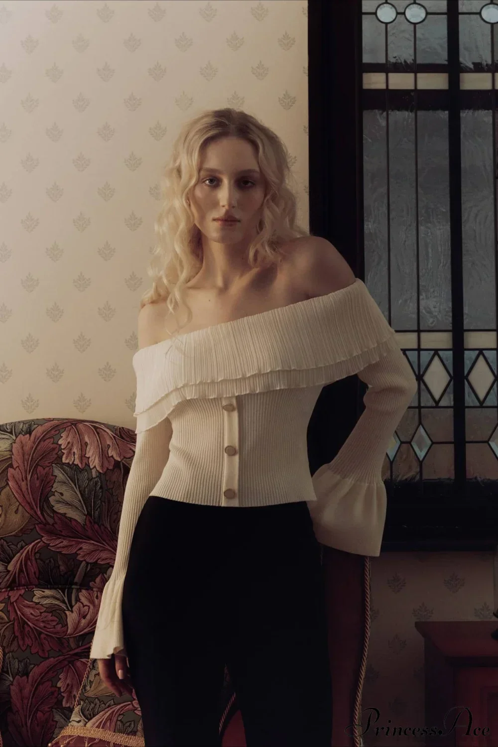 Off-the-Shoulder French Button-Panel Knit Sweater - Image 6