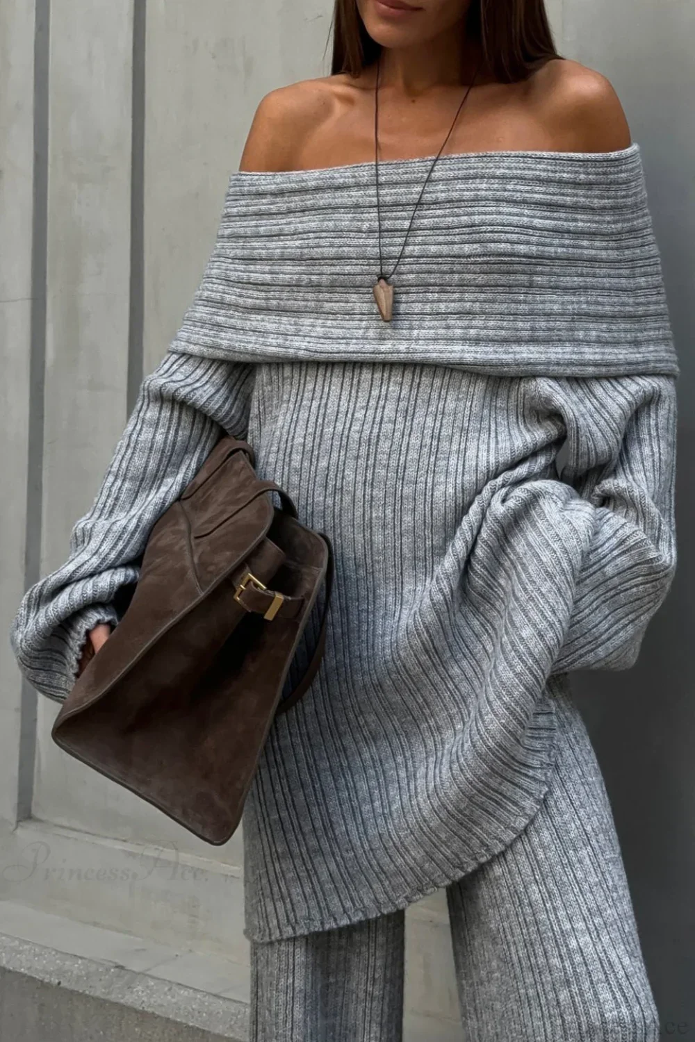 Off-the-Shoulder Ribbed Knit Wide Sleeve Flowy Pants Two Piece Set - Image 2