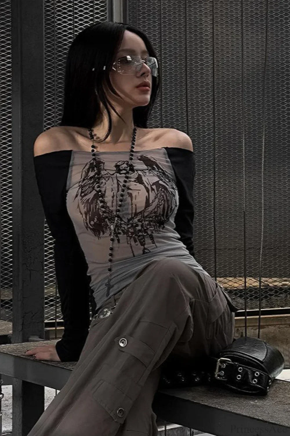 Off-the-shoulder Sheer Mesh Knit Printed Long Sleeve Tee - Image 2