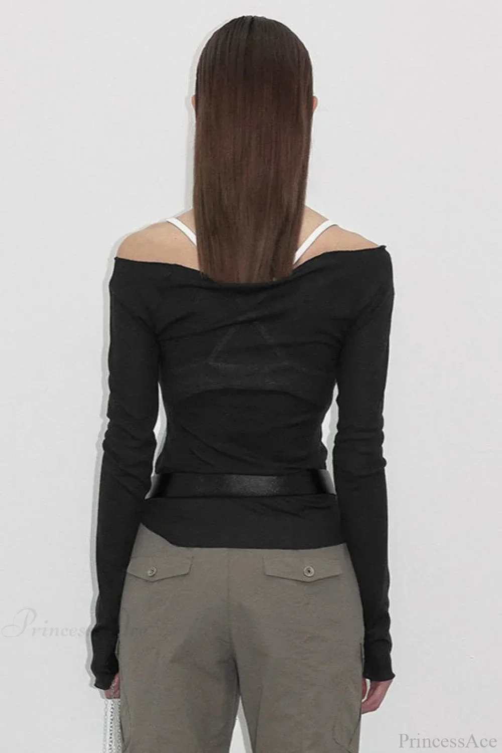 Off-the-shoulder Sheer Mesh Knit Printed Long Sleeve Tee - Image 4