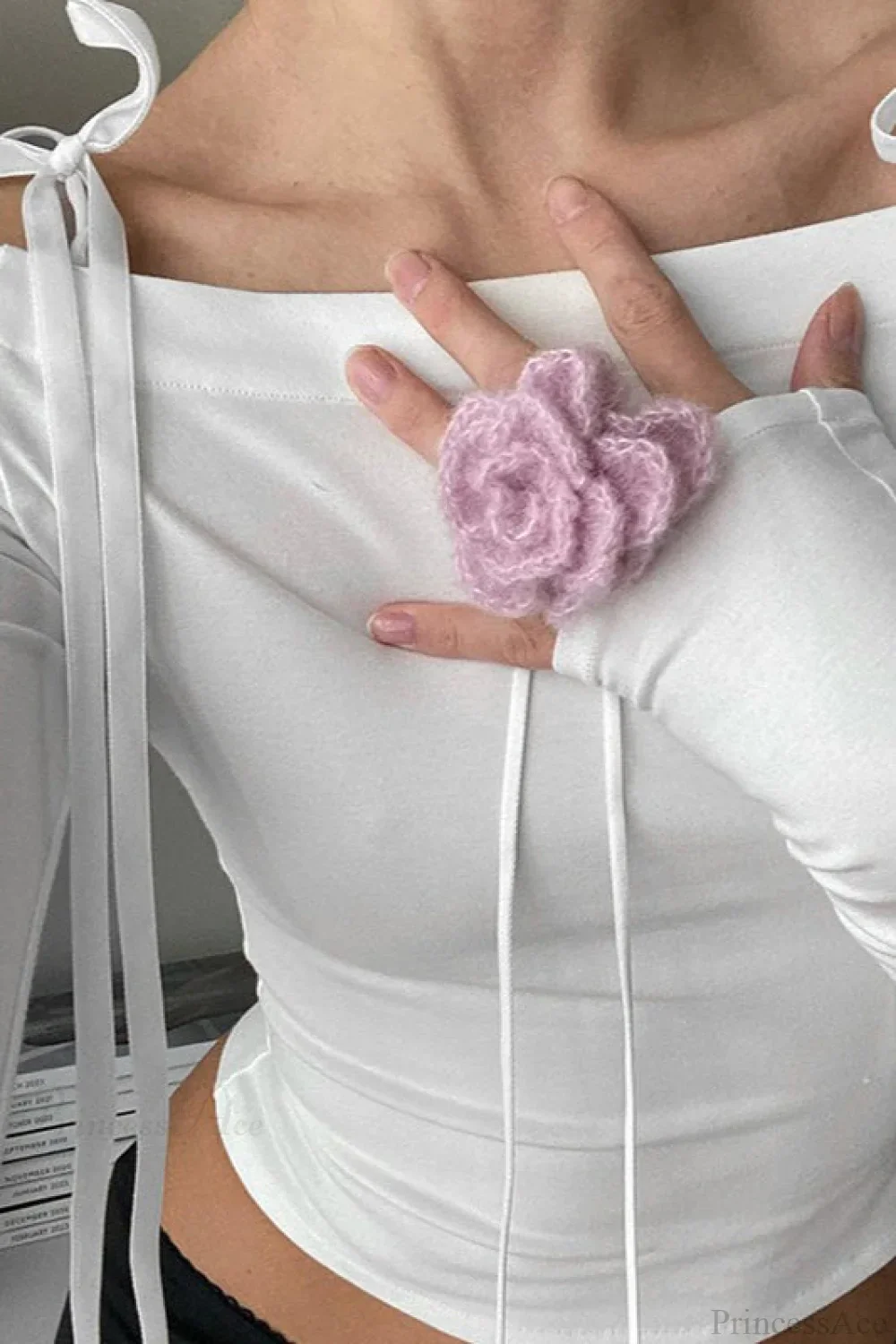 Off-the-Shoulder Tie Detail Fitted Long Sleeve Tee - Image 2