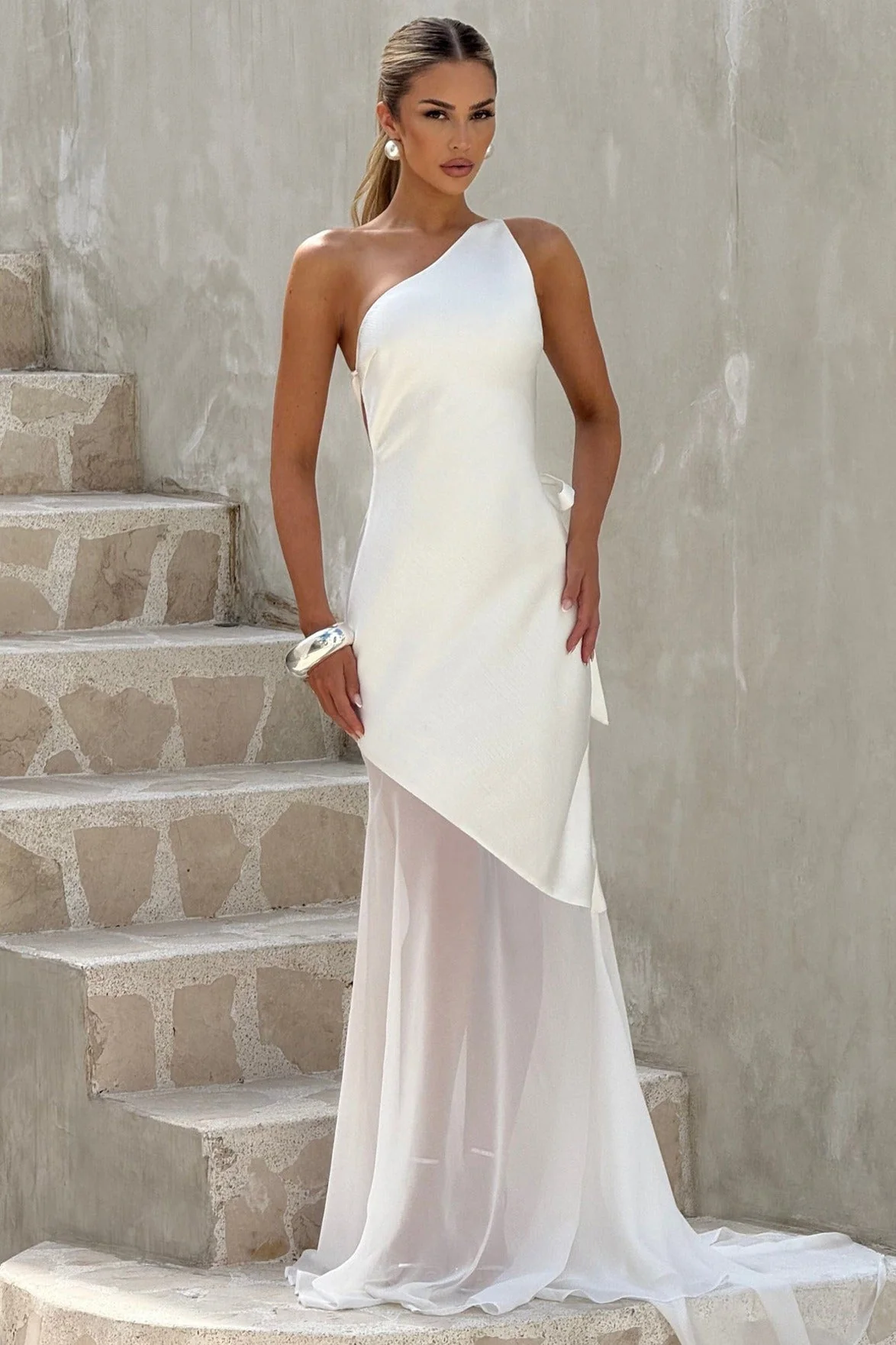 One Shoulder Sleeveless Backless Slim Mesh Tie Maxi Dress - Image 5