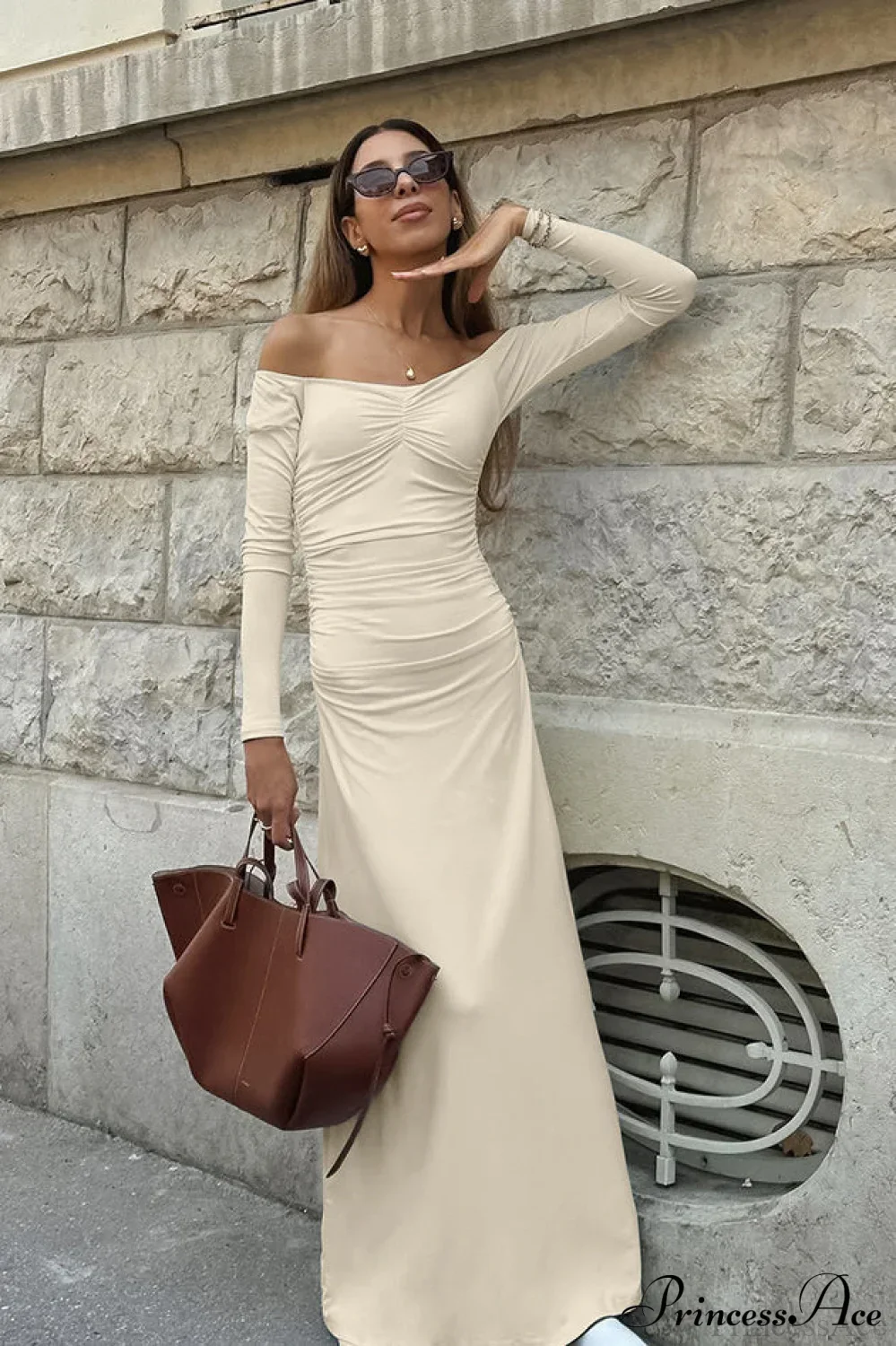Open Back Sexy Ruched Long Sleeve Off Shoulder Maxi Dress - Image 2