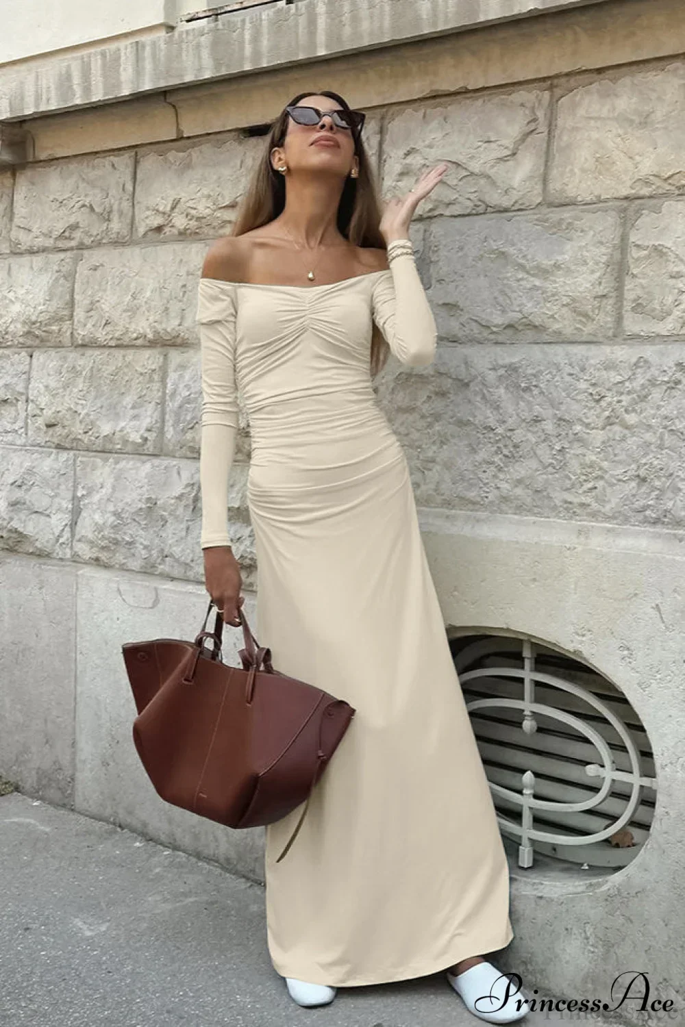 Open Back Sexy Ruched Long Sleeve Off Shoulder Maxi Dress - Image 3