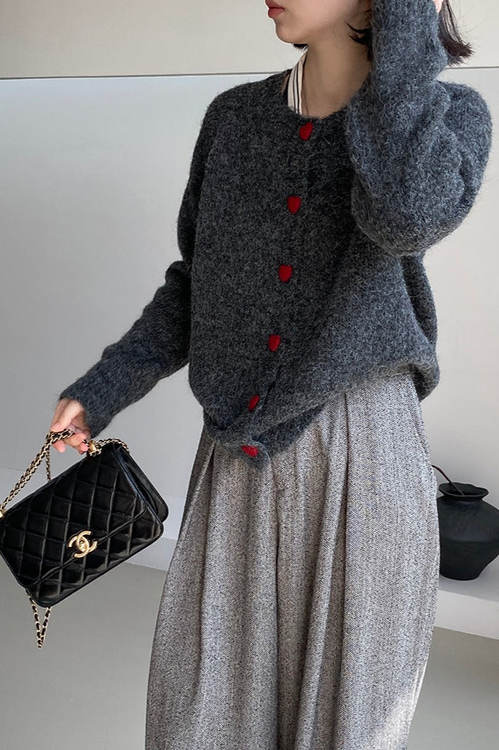 Oversized Heart Button Round Neck Cardigan - Image 10