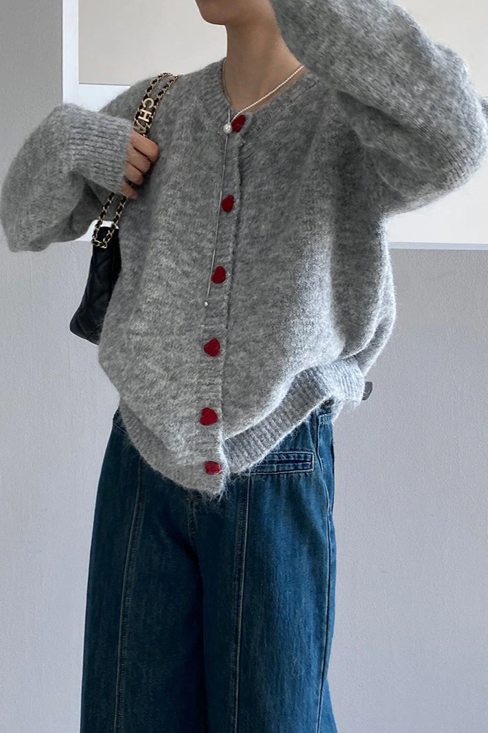 Oversized Heart Button Round Neck Cardigan - Image 12