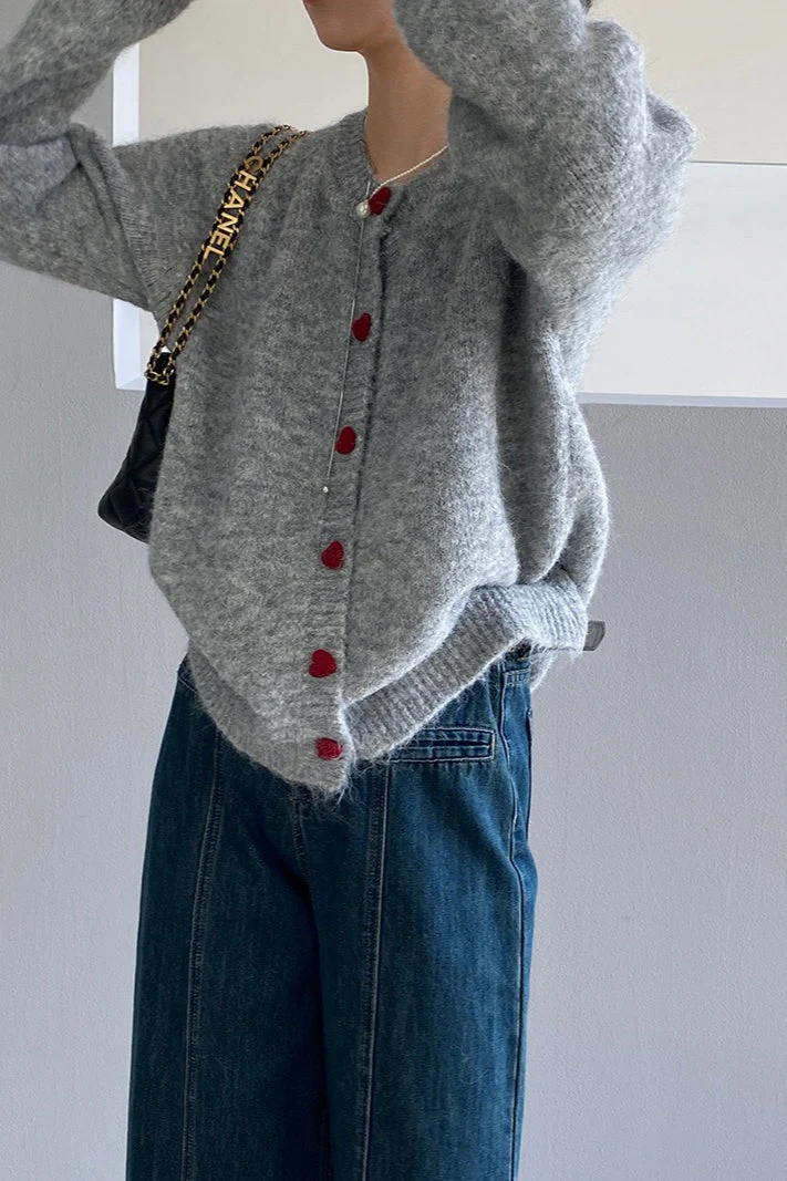Oversized Heart Button Round Neck Cardigan - Image 13