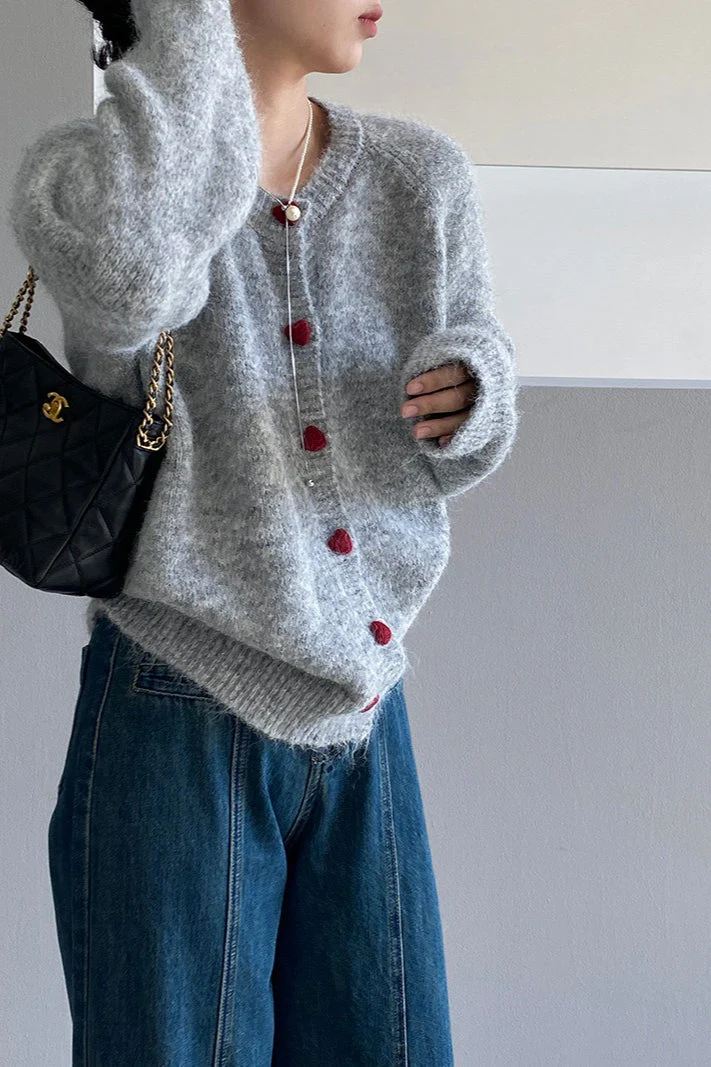 Oversized Heart Button Round Neck Cardigan - Image 14