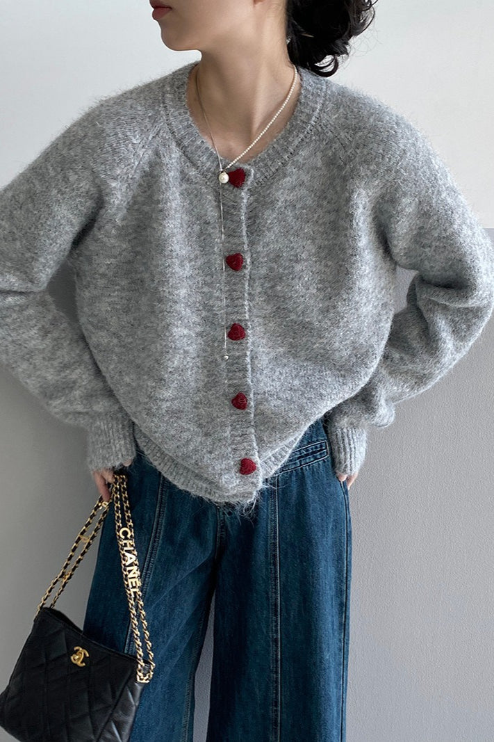 Oversized Heart Button Round Neck Cardigan - Image 15