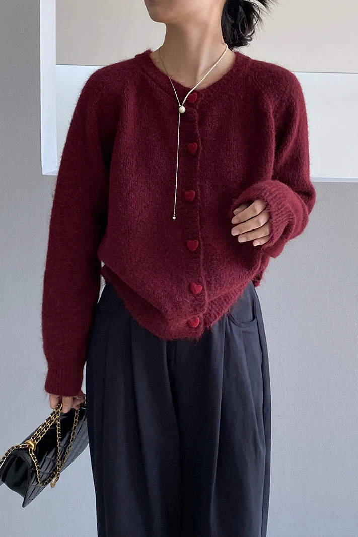 Oversized Heart Button Round Neck Cardigan - Image 16