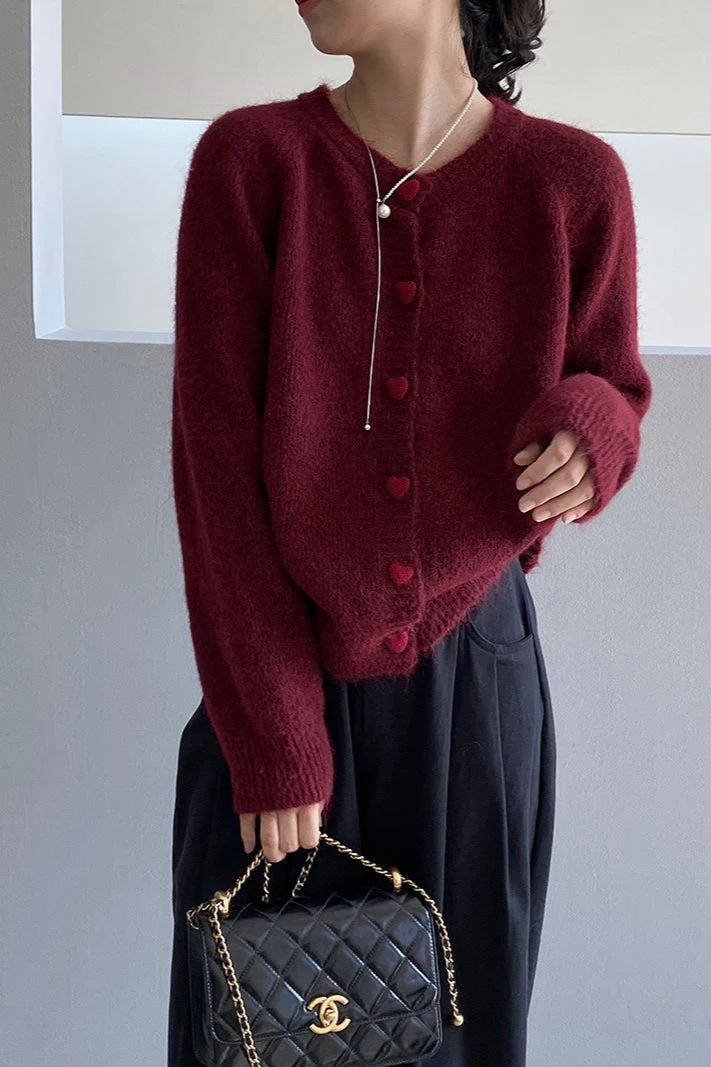 Oversized Heart Button Round Neck Cardigan - Image 2
