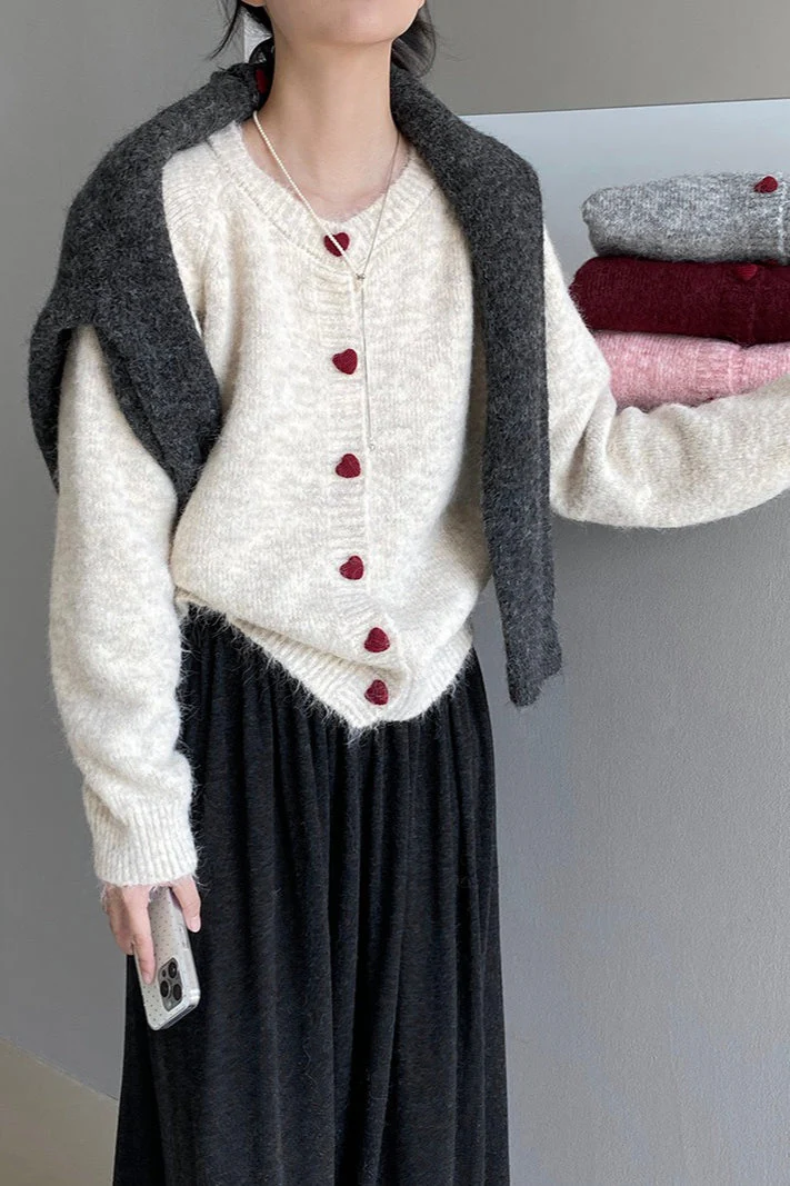 Oversized Heart Button Round Neck Cardigan - Image 4