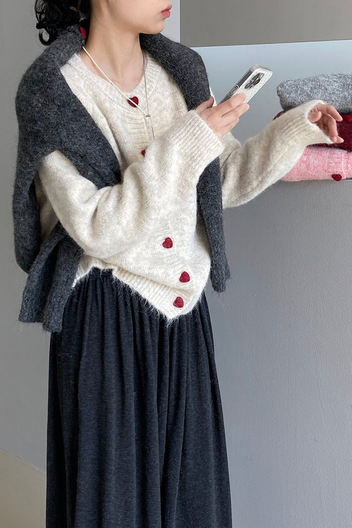 Oversized Heart Button Round Neck Cardigan - Image 5