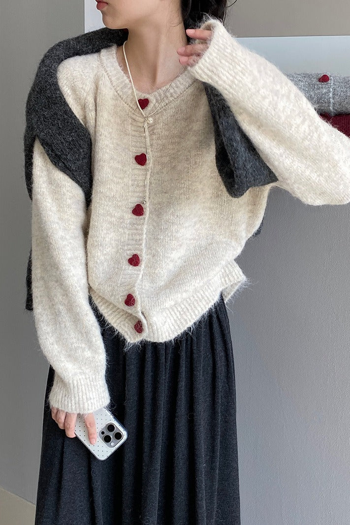 Oversized Heart Button Round Neck Cardigan - Image 6
