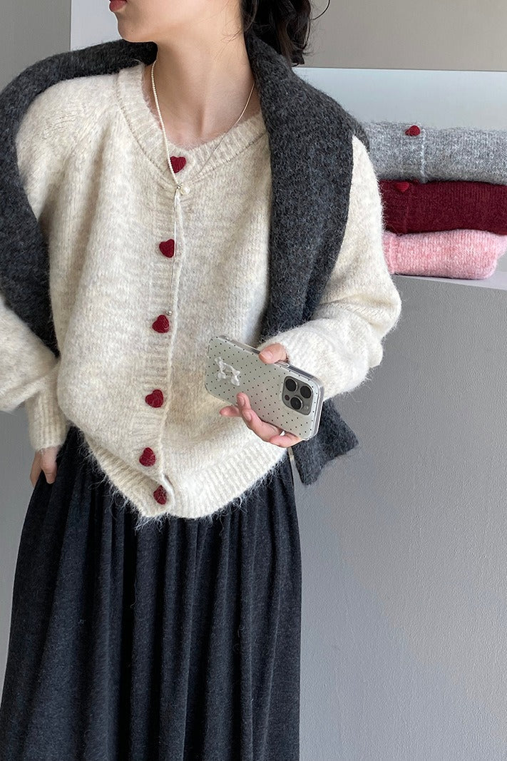 Oversized Heart Button Round Neck Cardigan - Image 7