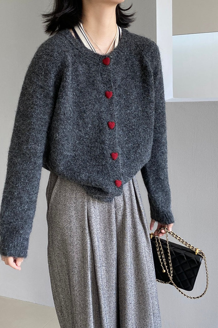 Oversized Heart Button Round Neck Cardigan - Image 8