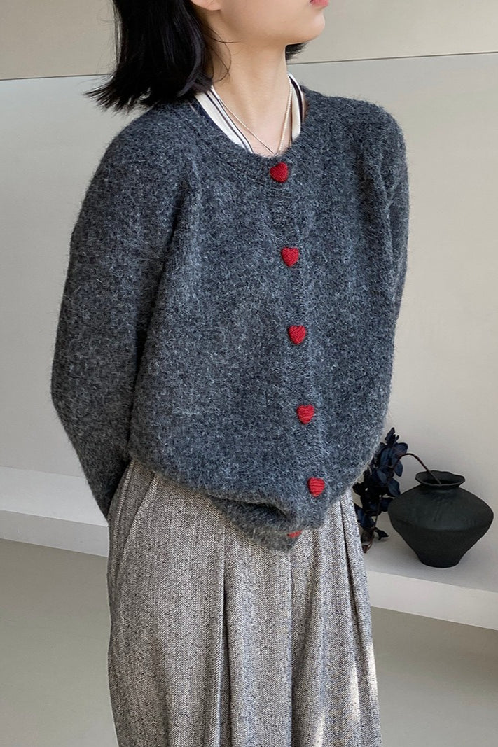 Oversized Heart Button Round Neck Cardigan - Image 9