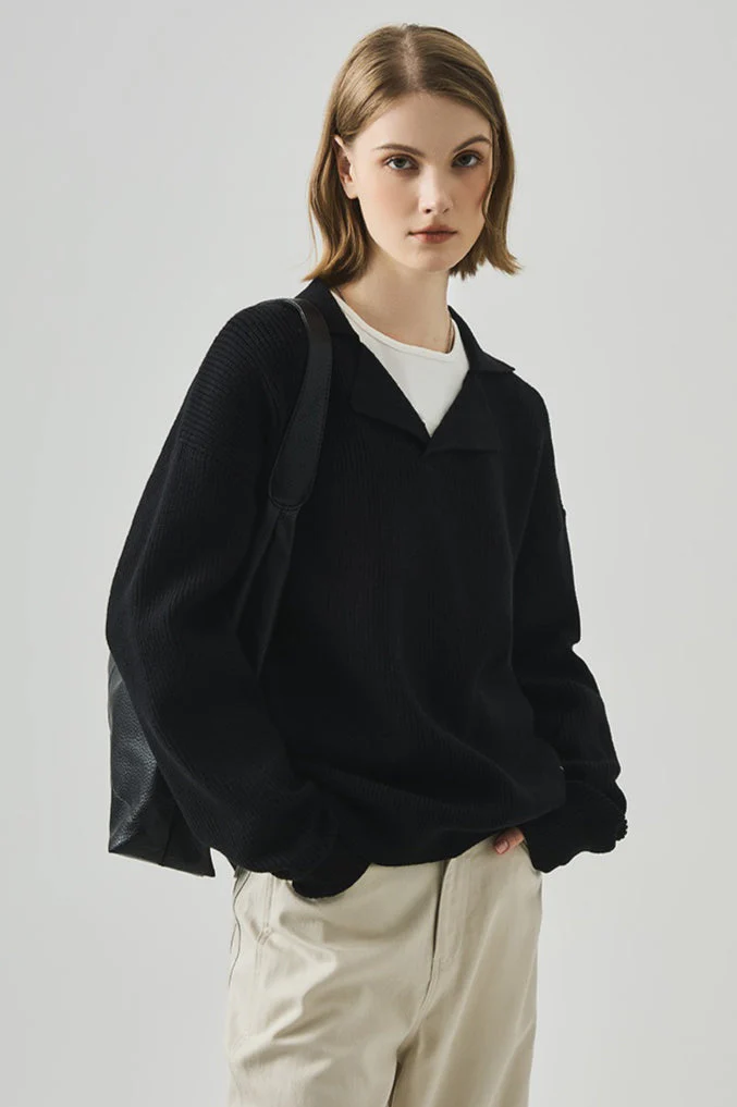 Oversized Lazy V-Neck Long-Sleeve Knit Top - Image 15