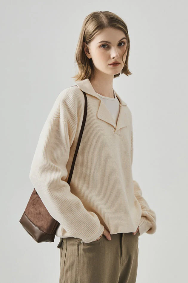 Oversized Lazy V-Neck Long-Sleeve Knit Top - Image 4