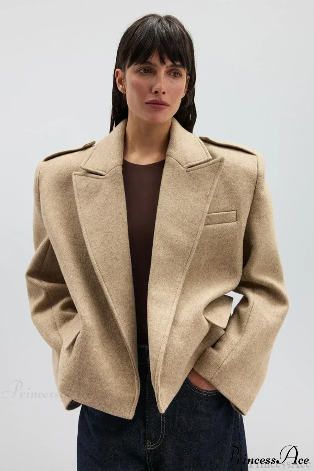 Oversized Notch Lapel Epaulette Woolen Blazer - Image 10