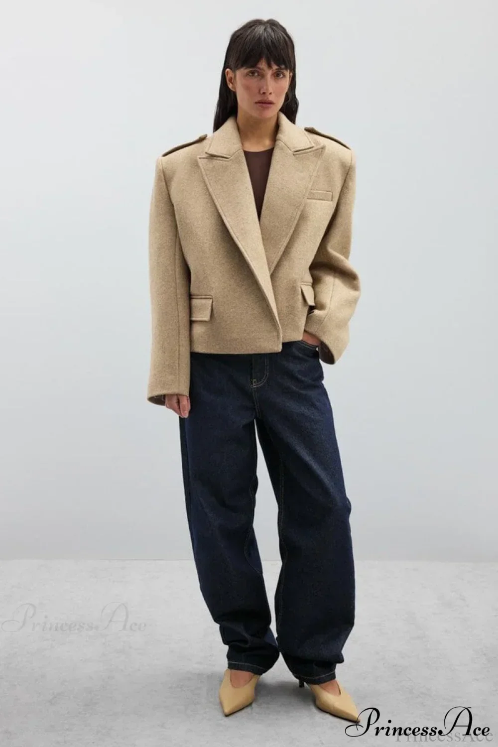 Oversized Notch Lapel Epaulette Woolen Blazer - Image 13