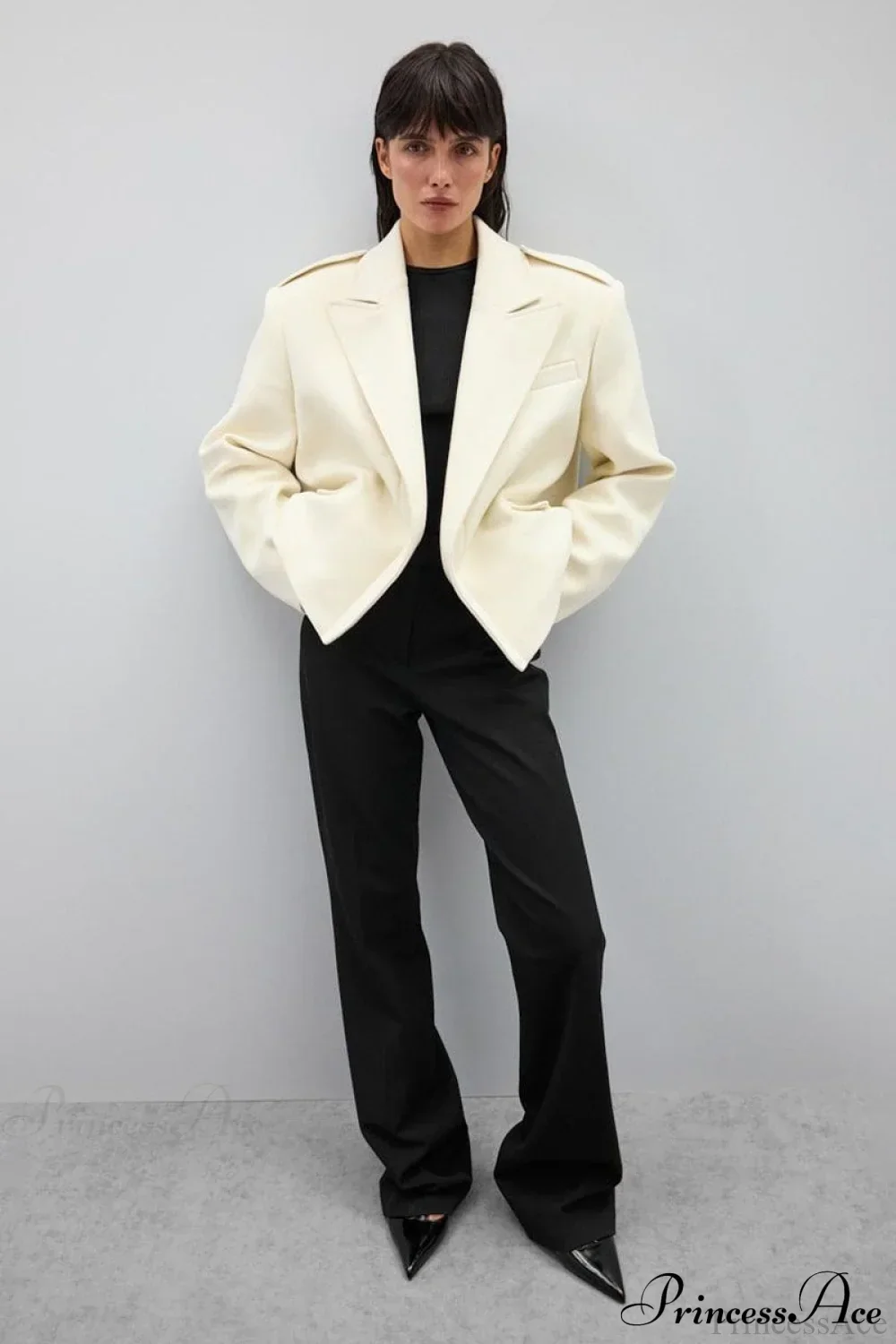 Oversized Notch Lapel Epaulette Woolen Blazer - Image 17