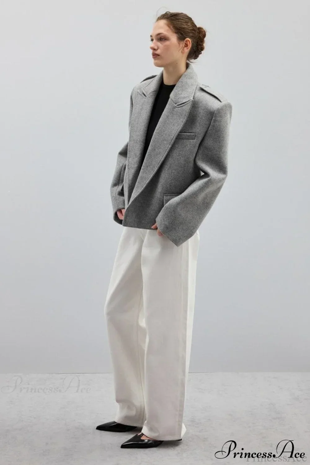 Oversized Notch Lapel Epaulette Woolen Blazer - Image 5