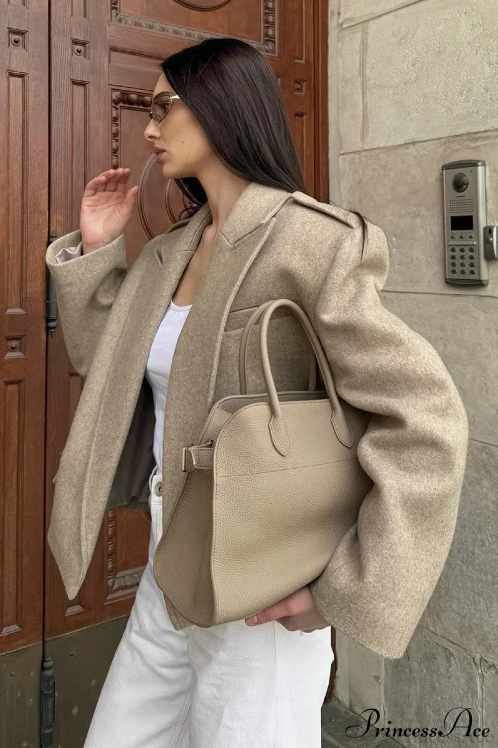 Oversized Notch Lapel Epaulette Woolen Blazer - Image 7