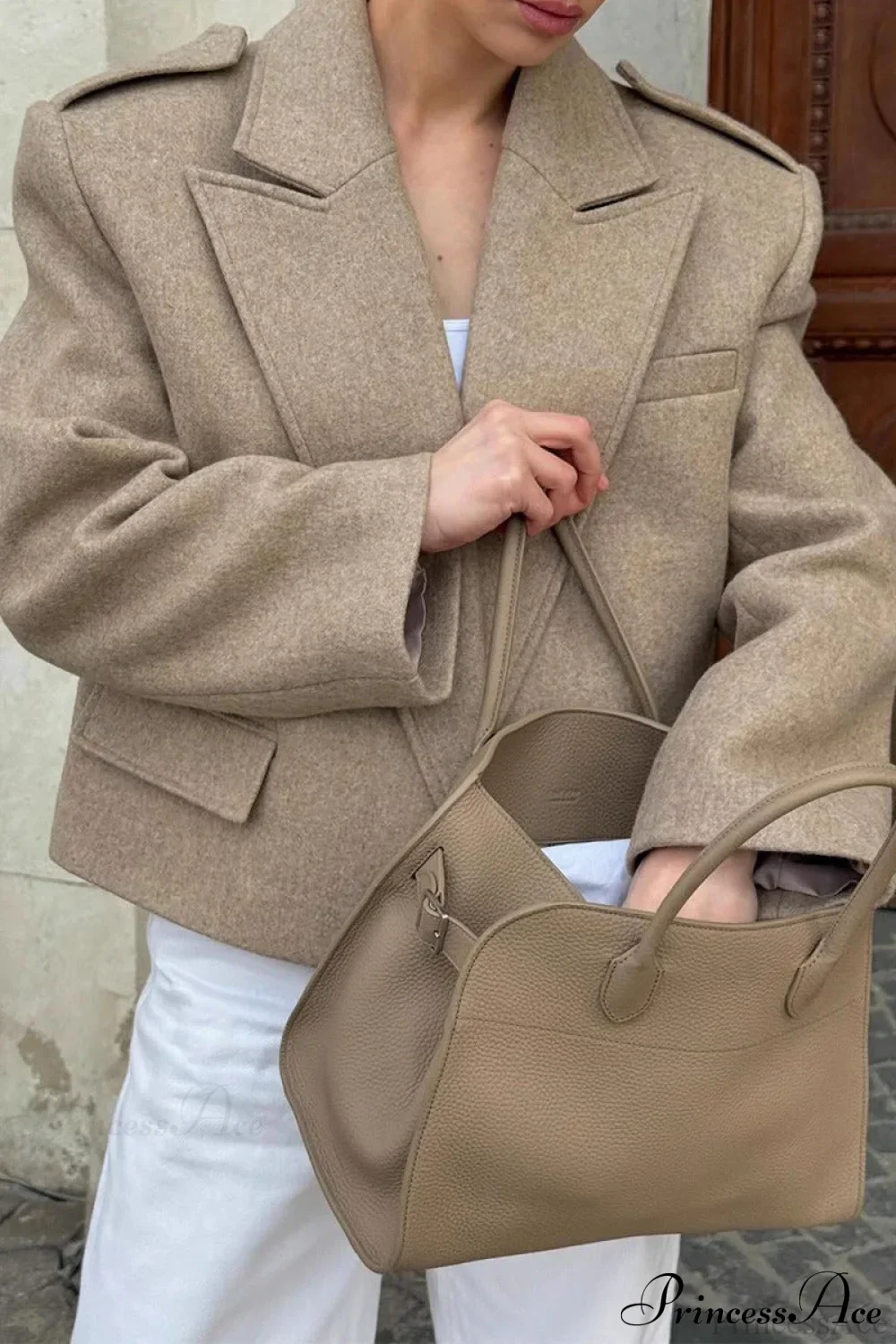 Oversized Notch Lapel Epaulette Woolen Blazer - Image 8