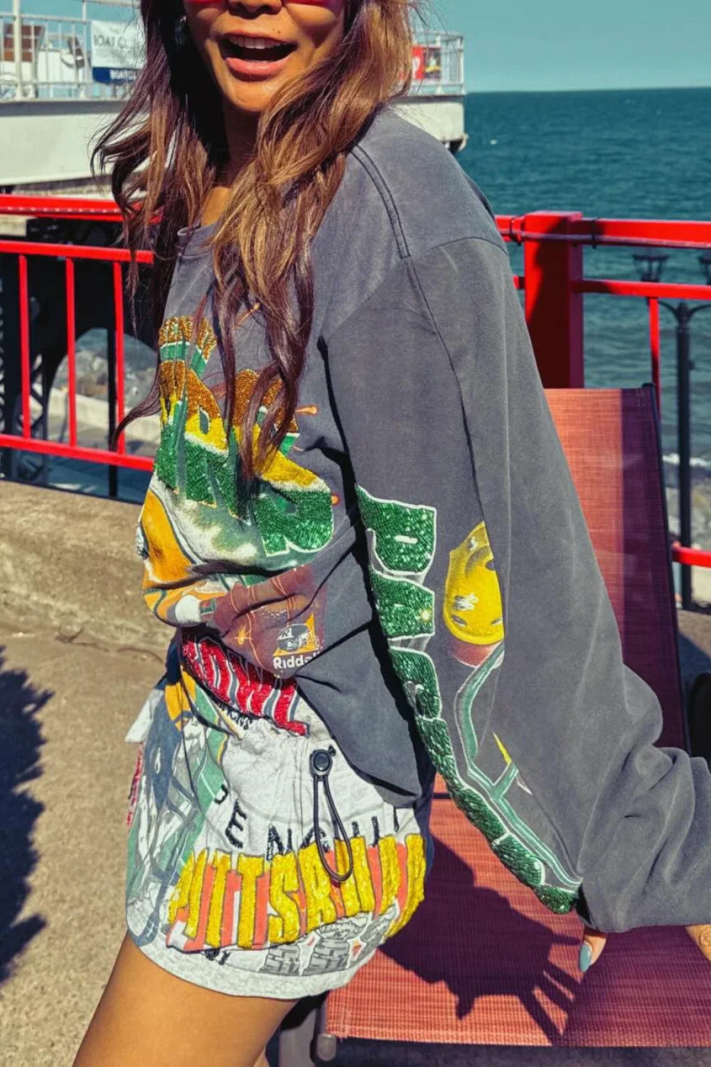 Oversized Sequin Print Retro Slouchy Long Sleeve Tee - Image 3