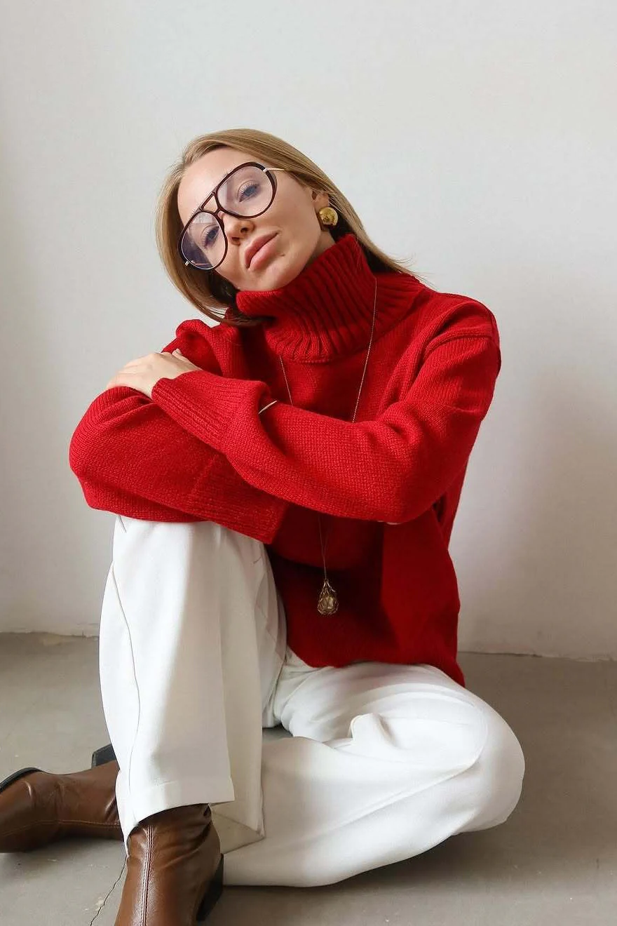 Oversized Solid Color Turtleneck Fashion Sweater - Image 2