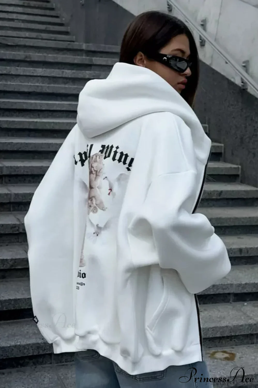 Oversized Street Casual Angel Print Zip-Up Hoodie - Image 10