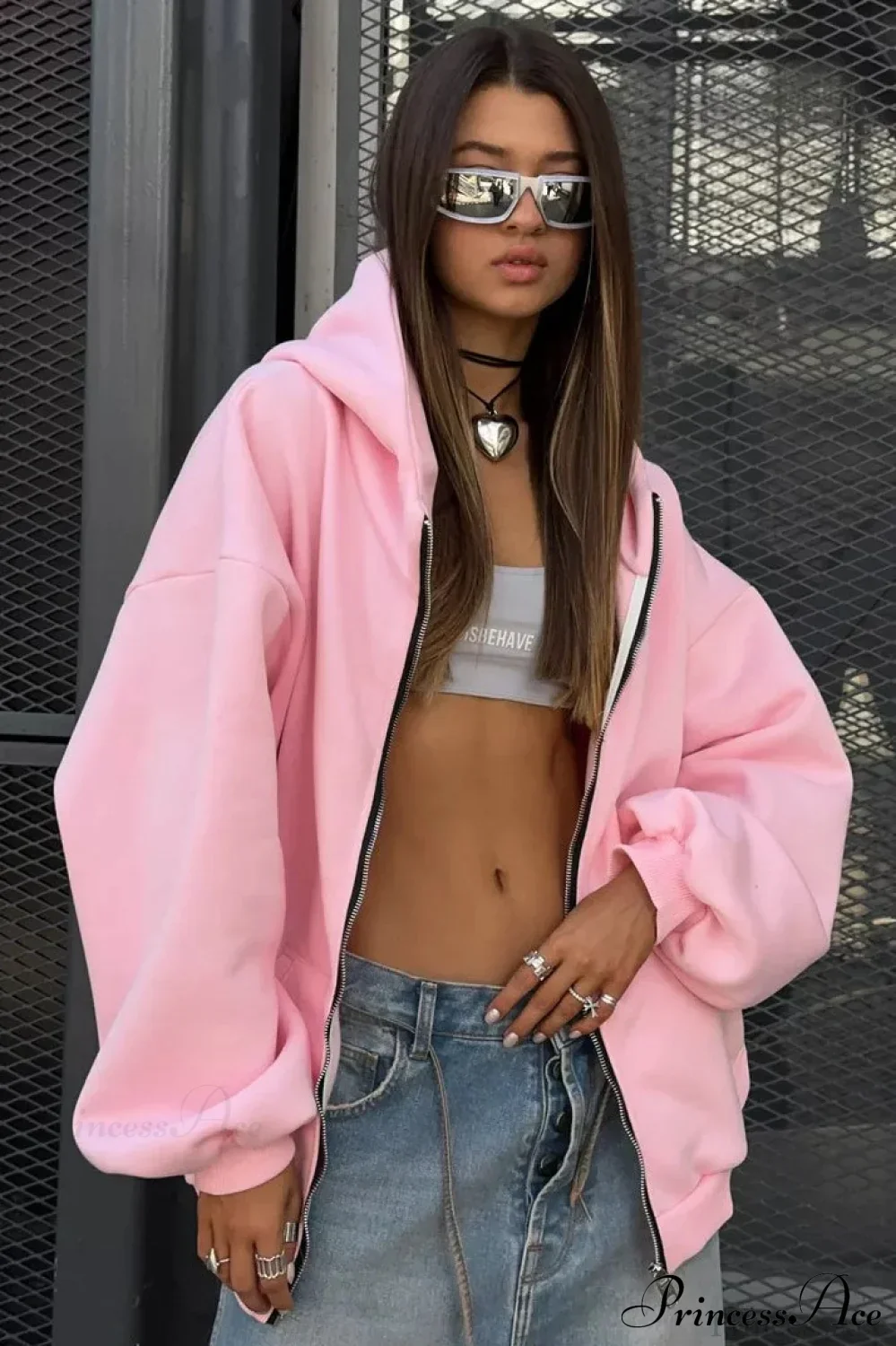 Oversized Street Casual Angel Print Zip-Up Hoodie - Image 2