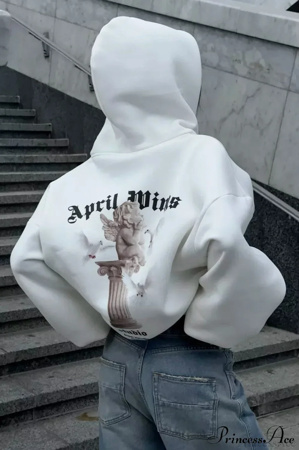 Oversized Street Casual Angel Print Zip-Up Hoodie - Image 9