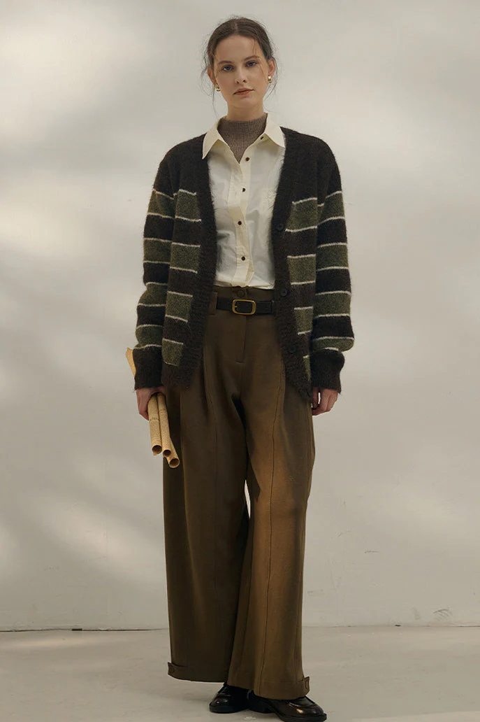 Oversized Stripe Color Block V Neck Knit Cardigan - Image 2