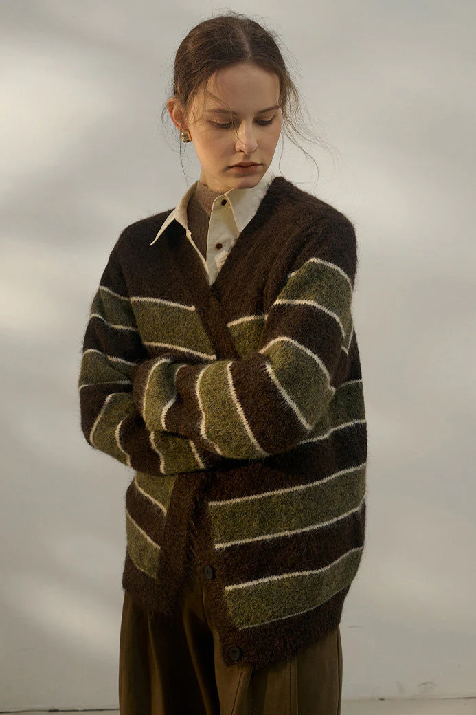 Oversized Stripe Color Block V Neck Knit Cardigan - Image 3