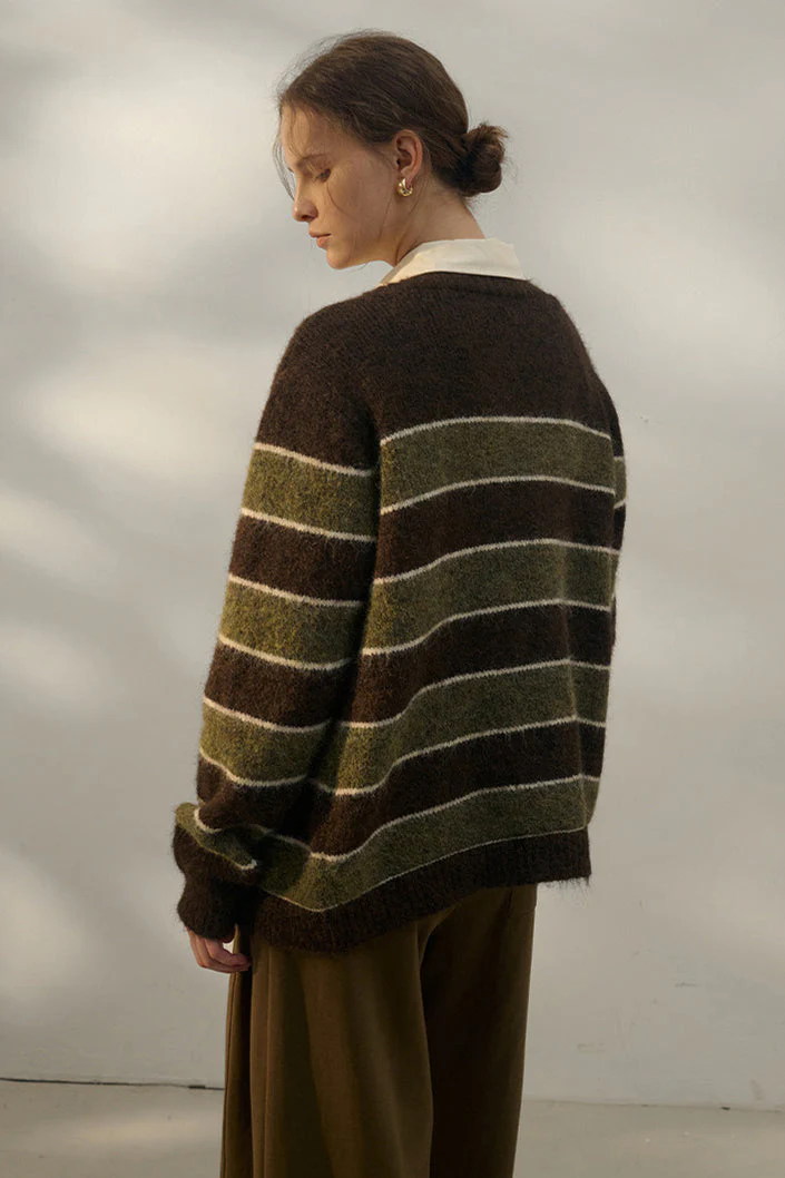 Oversized Stripe Color Block V Neck Knit Cardigan - Image 4