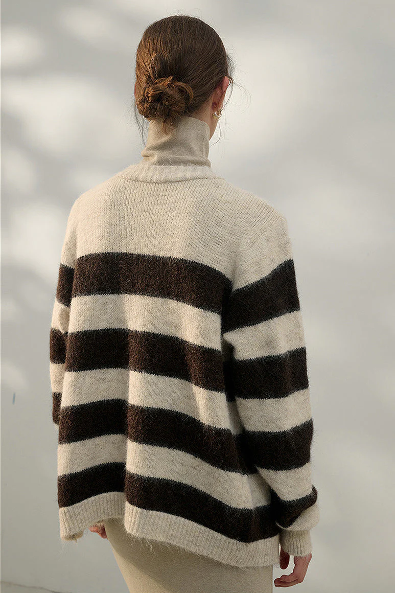 Oversized Stripe Color Block V Neck Knit Cardigan - Image 6