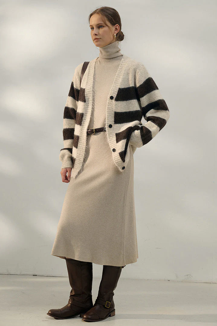 Oversized Stripe Color Block V Neck Knit Cardigan - Image 8