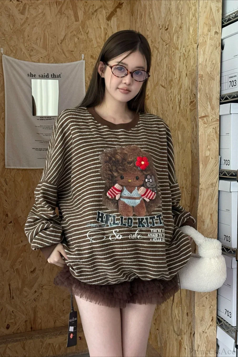 Oversized Striped Exploding Afro Hello Kitty Print Sweatshirt - Image 2