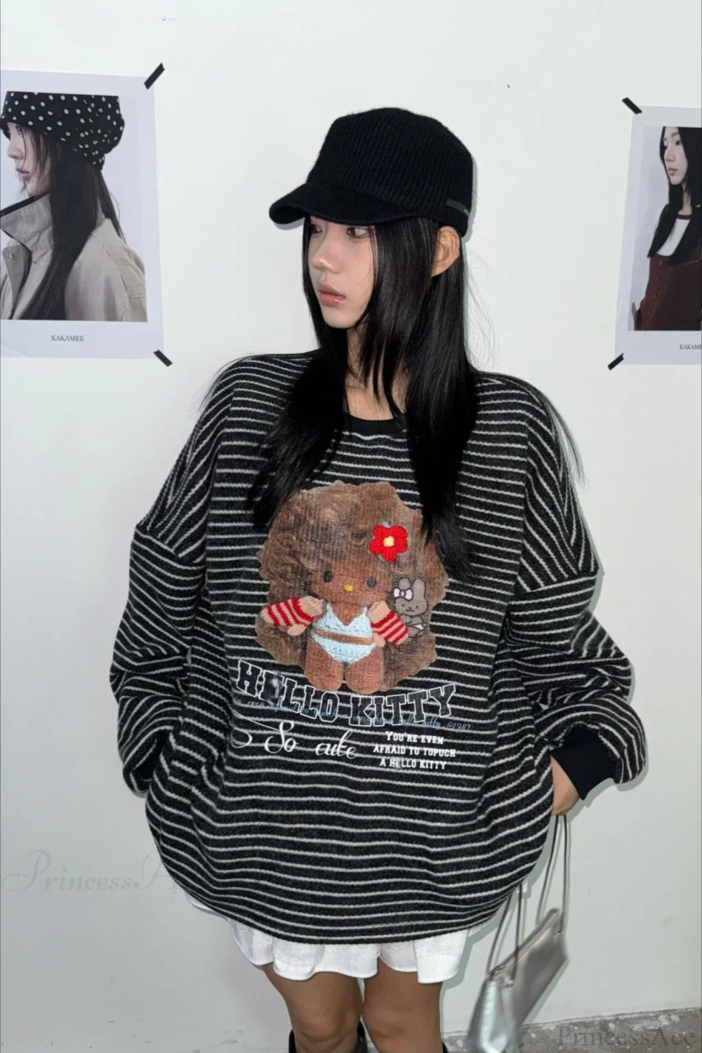 Oversized Striped Exploding Afro Hello Kitty Print Sweatshirt - Image 5