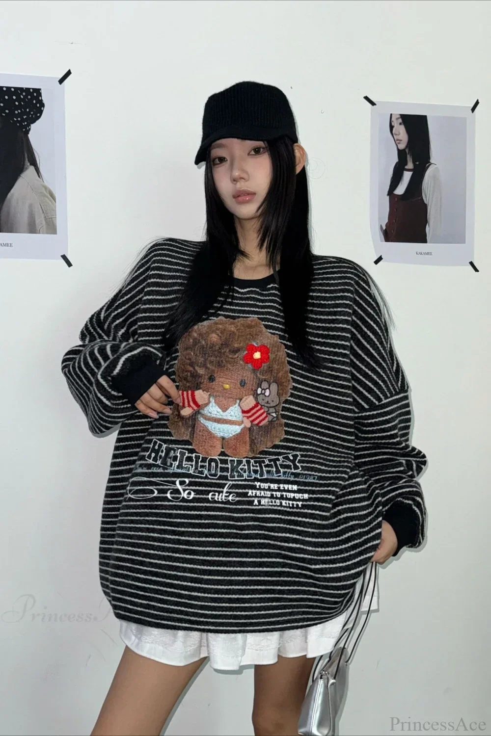 Oversized Striped Exploding Afro Hello Kitty Print Sweatshirt - Image 6