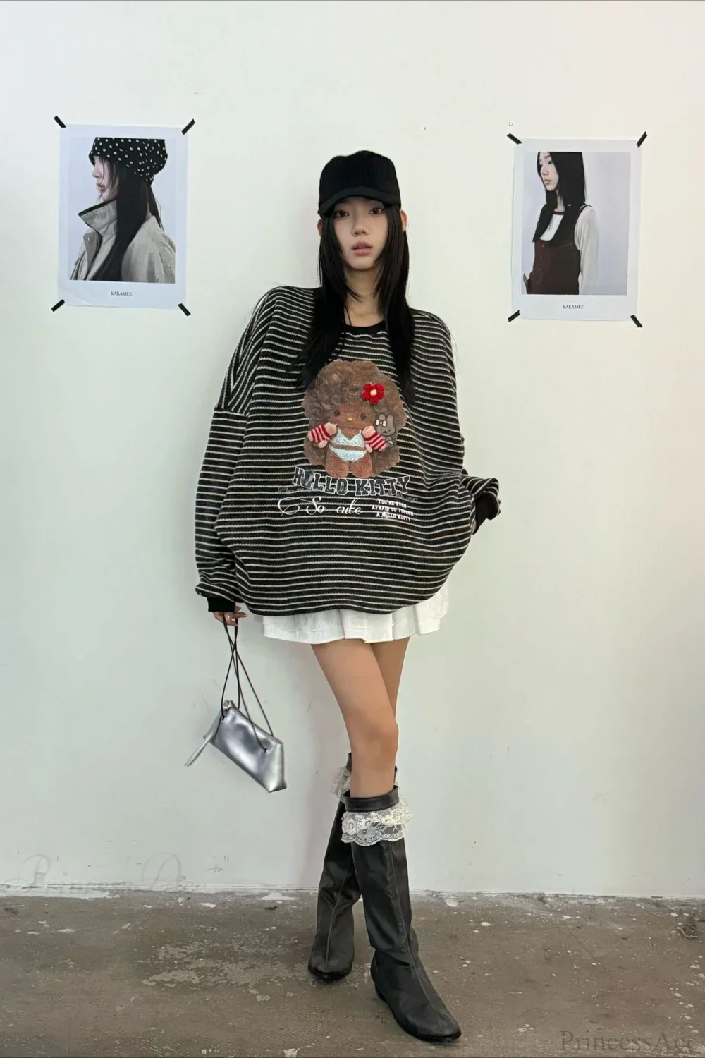 Oversized Striped Exploding Afro Hello Kitty Print Sweatshirt - Image 7