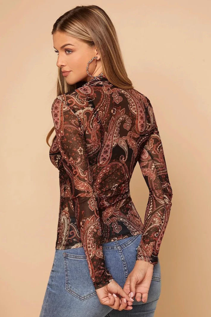 Paisley Print Stand Collar Mesh Long Sleeve Blouse - Image 2