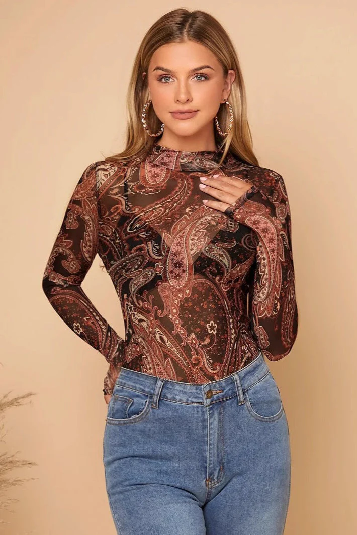 Paisley Print Stand Collar Mesh Long Sleeve Blouse - Image 3